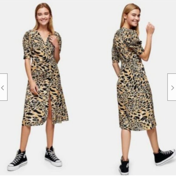 TopShop Leopard Animal Print V Neck Leg Slit Tan Midi Dress Size 8 - Picture 1 of 13